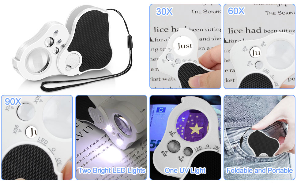 2PCS Magnifying Glass with Light, 30X 60X 90X Jewelers Loupe Magnifier