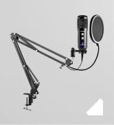 Technical illustration showing different components and angles of a microphone setup with mounting arm and accessories against gray background.