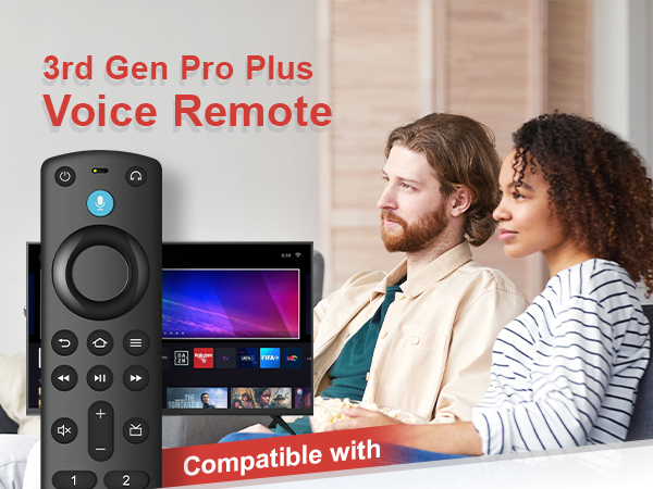 Le texte indique « 3rd Gen Pro Plus » et « Voice Remote ». Publicité de produit montrant des télécommandes et des écrans d'interface avec des personnes utilisant des appareils de streaming.