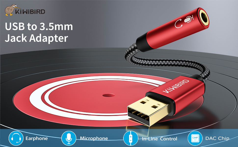 KiwiBird USB to 3.5mm Jack Audio Adapter, Headphone and Microphone Jack