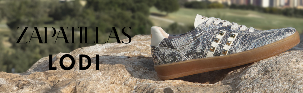 El texto dice «ZAPATILLAS» y «LODI» con varias vistas del material texturizado o la superficie que se muestran en entornos exteriores.