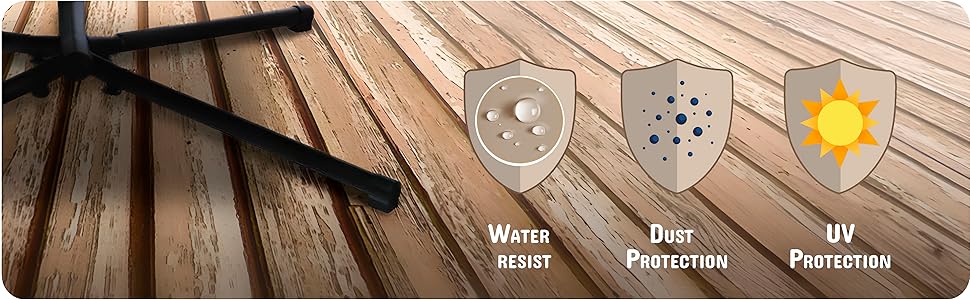 Weatherproof Replacement Cushion Pad and Umbrella for Hanging Lounge Chair Outdoor Chaise Hanging Hammock Chair - Long-Lasting, Fade-Resistant, Quick-Dry, Outdoor Lounge Replacement Set (Beige-) 14 3 icons demonstrating the fabric's key features: water resistance dust protection and UV protection