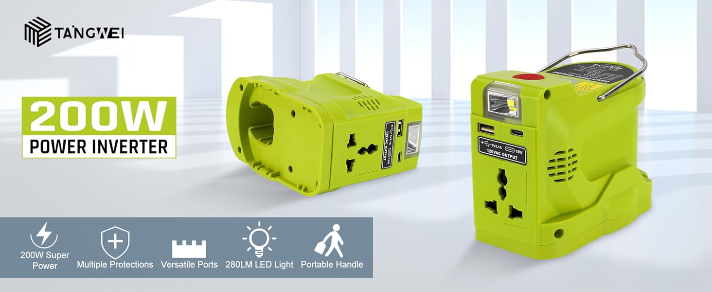 200W Power Inverter for Ryobi 18V Battery,DC 18V to AC 110