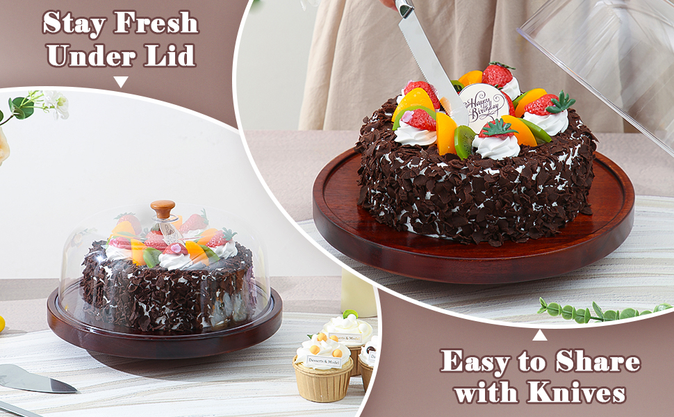 GKOKG Rotating Cake Stand with Acrylic Dome Lid, Acacia
