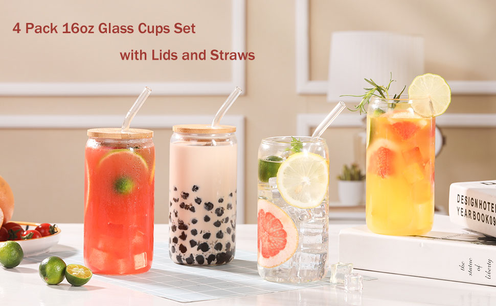 Glass Cups with Lids and Straws, Set of 4 16OZ Iced Coffee Cups Glasses
