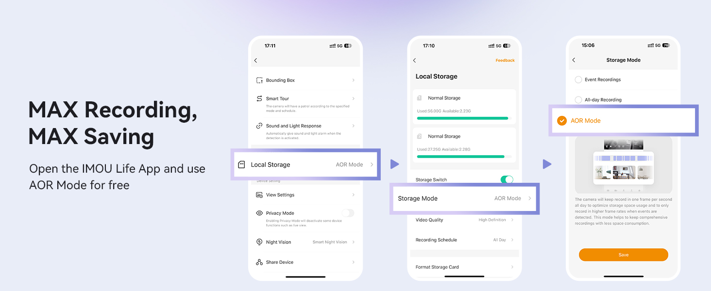Multiple smartphone screens displaying a recording app interface. Features include recording lists, playback controls, and save options. Text reads 'MAX Recording, MAX Saving'.