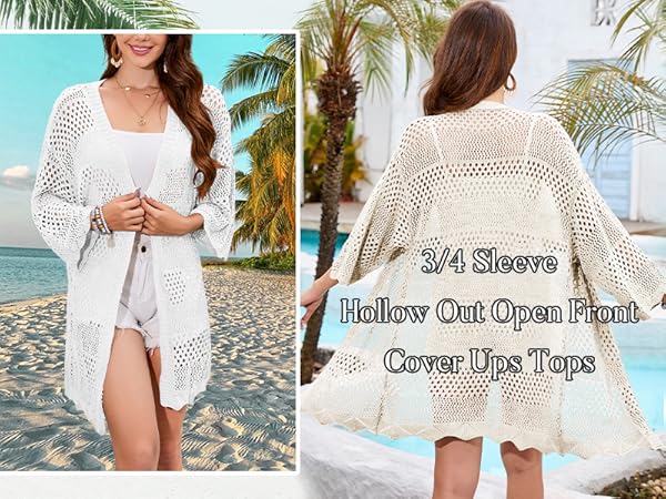 Famulily Womens Sheer Hollow Out Cardigan Crochet Sheer 3/4