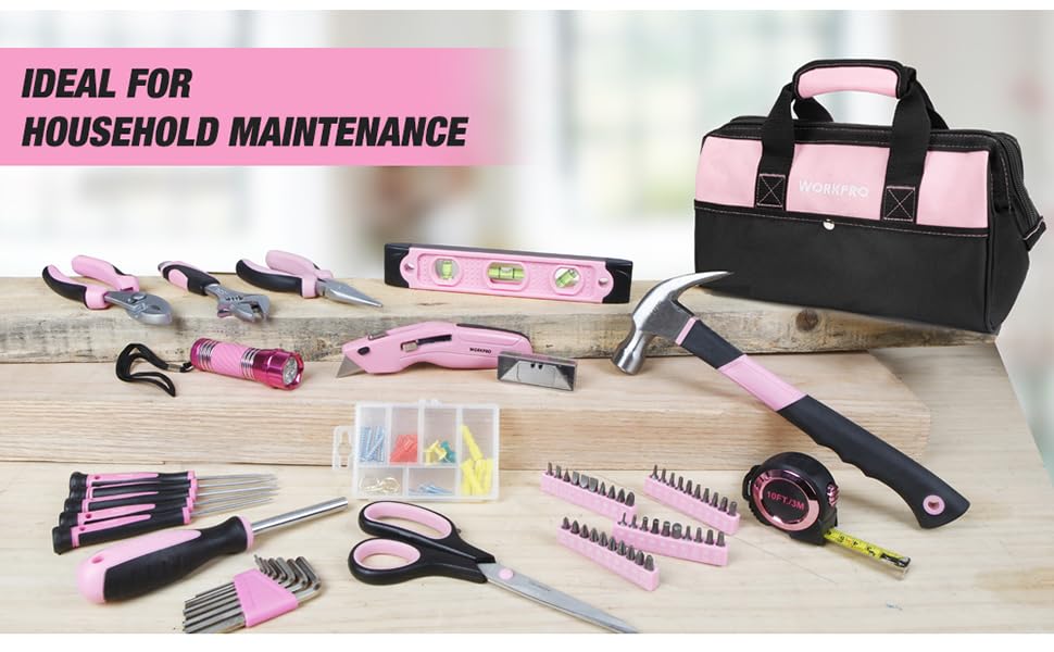 WORKPRO 106Piece Home Tool Kit, Pink Tool Kit with Tool Storage Bag