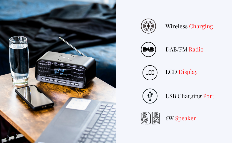 Groove Zeus DAB/FM Digital Clock Radio With Wireless Charging and Bluetooth DAB Clock Radios
