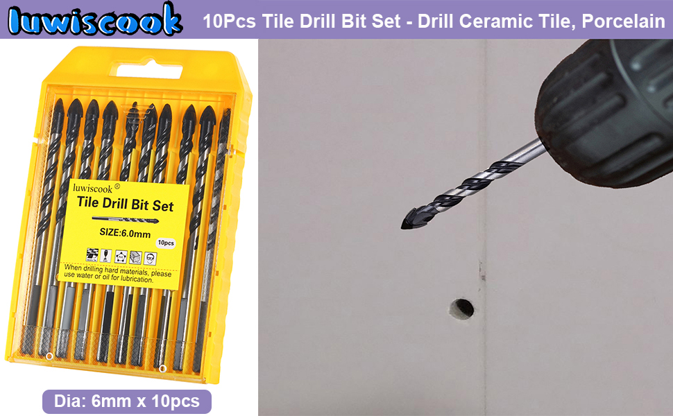 luwiscook 10PCS 6mm Tile Drill Bit, Professional Bit for Porcelain