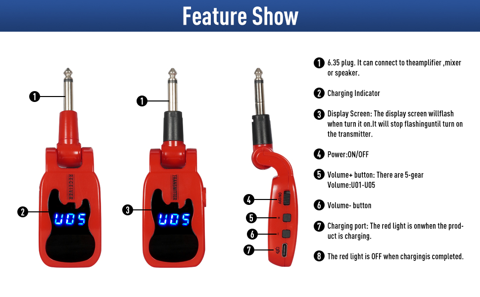 Wireless Guitar System with Microphone Headset, UHF Wireless Headset Mic Transmitter Receiver 2 in1