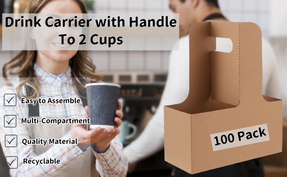 2 Cup Drink Carrier with Handle Coffee Take Out Box Kraft Paper 100 Pack