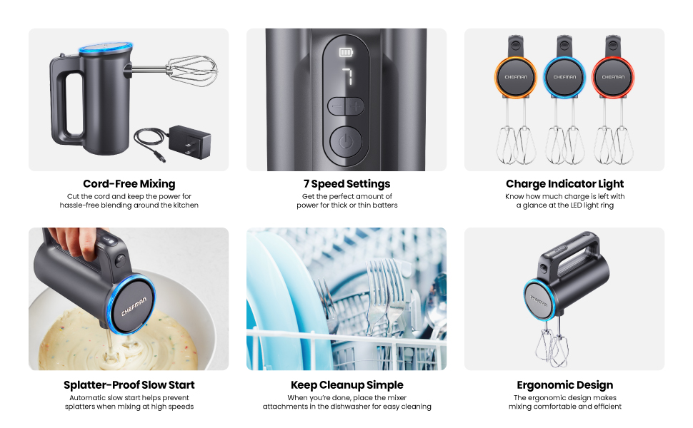 Chefman Cordless Hand Mixer, 7 Speed Electric Handheld Kitchen Food