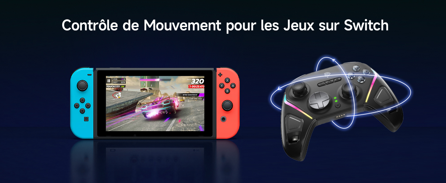 Le texte se lit comme suit : « Contrôle de Mouvement pour les Jeux sur Switch ». L'image montre la console Nintendo Switch avec écran de jeu de course et contrôleur de mouvement connecté.