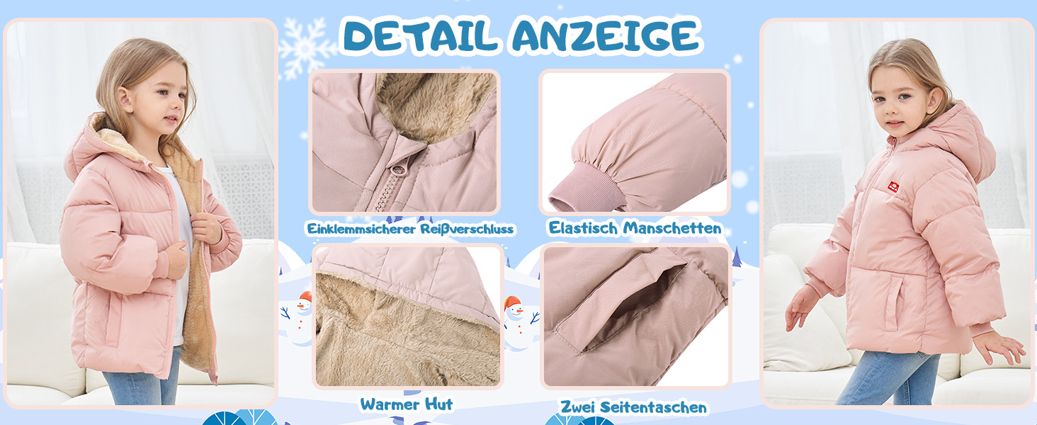 Rosafarbener Wintermantel für Mädchen. Vier Paneele bestehen aus einem kompletten Mantel, einer mit Kunstpelz gefütterten Kapuze, elastischen Ärmelabschlüssen und Seitentaschen. Text auf Deutsch beschreibt Produktdetails