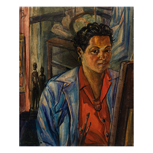 Pastel portrait of a woman wearing a blue coat and a red shirt. There is a wooden chair behind her.