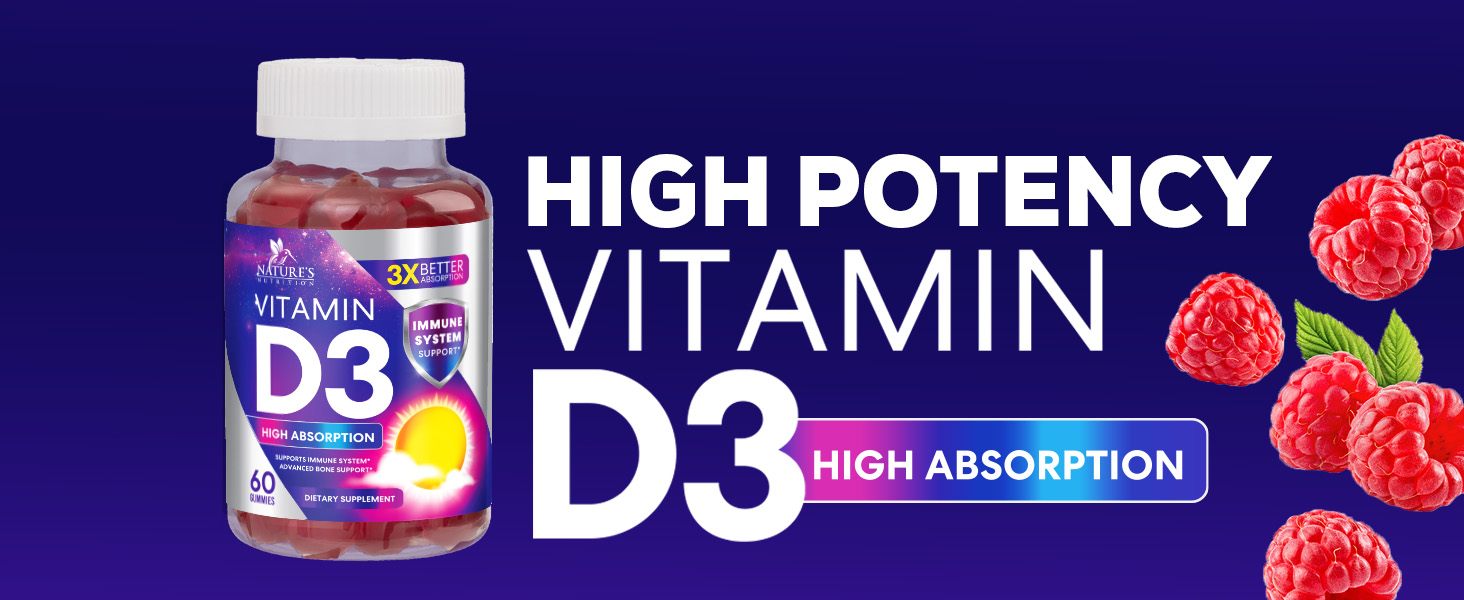 Vitamin D3 5000 iu (125 mcg) High Potency Gummy Dietary Supplement Bone Teeth Muscle Immune Support