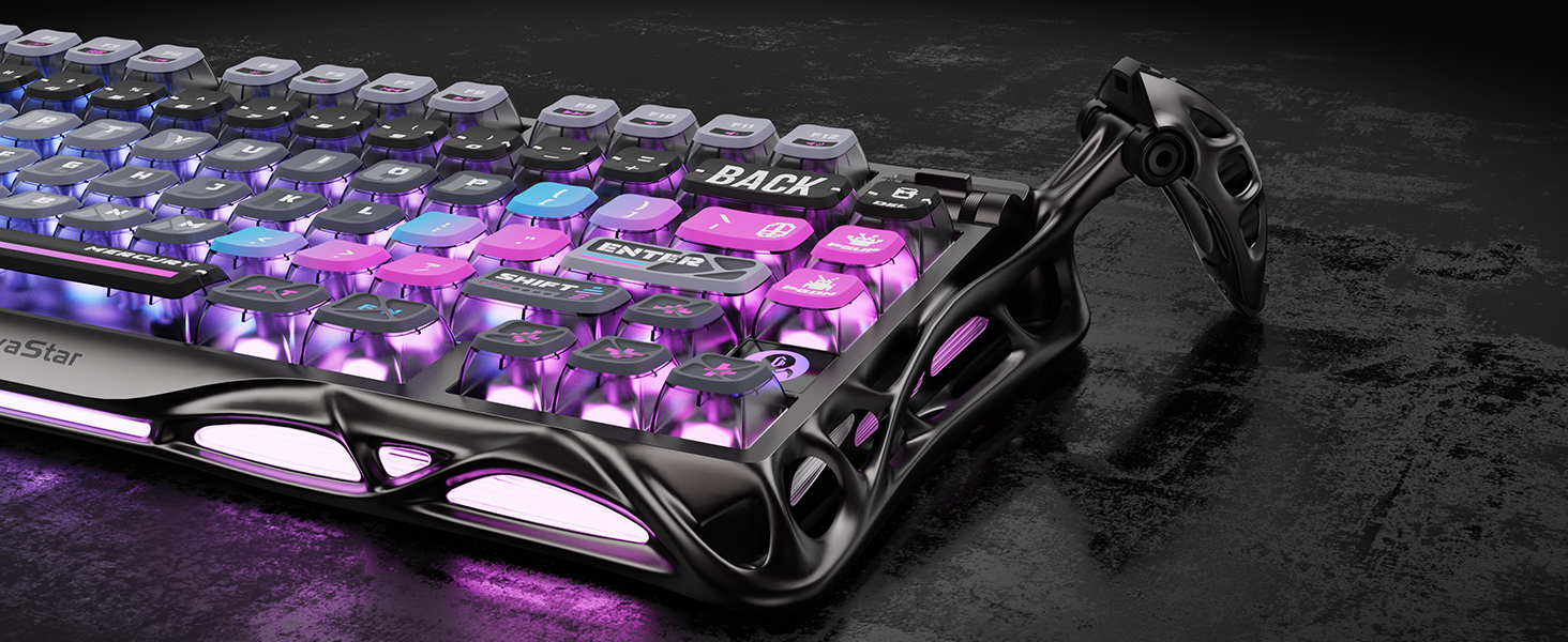 GravaStar K1 Pro keyboard close-up with RGB backlight and cyberpunk frame.