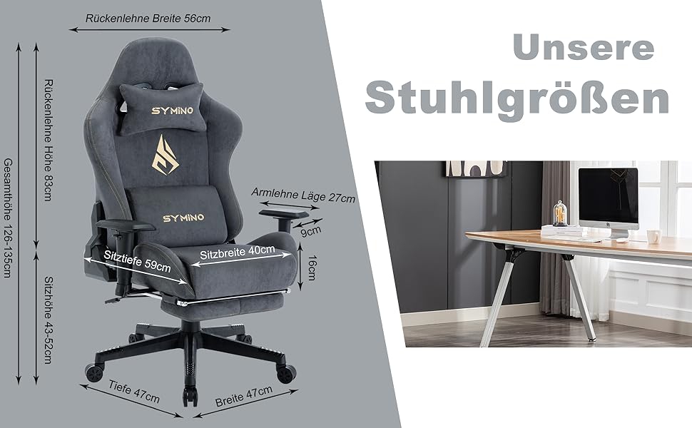 Gamestoel met gelabelde afmetingen. Grijze stoel met hoge rugleuning, verstelbare armleuningen en onderstel op wielen. De zijafbeelding toont de opstelling van het bureau.