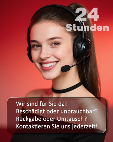 Der Text lautet „24 Stunden“ und „Wir sind für Sie da! Beschäftigt oder unerreichbar? ' und 'Rückgabe oder Umtausch? Kontaktieren Sie uns jederzeit! ' Kundendienstmitarbeiter trägt Headset vor rotem Hintergrund.
