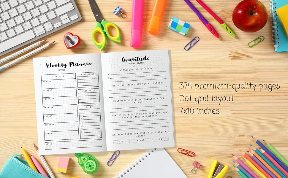 374 Premium quality pages. Dot grid layout. 7 by 10 inches.