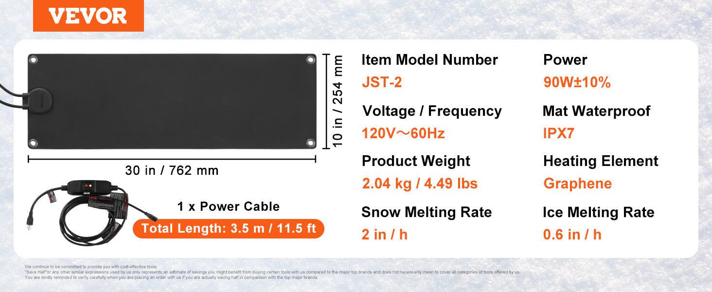 VEVOR Snow Melting Mat, 10 x 30 inch, NonSlip Electric