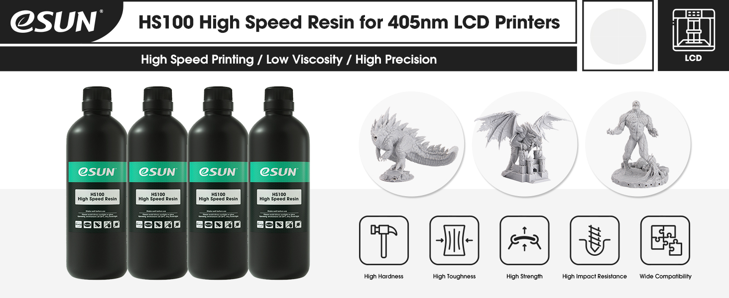 eSUN High Speed 3D Printer Resin, High Precision and Delicate Fast Printing Rapid Photopolymer Resin for UV-Curing 405nm LCD DLP 3D Printers, 1000g Grey 9 HS100 High Speed Resin