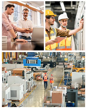 un collage de imágenes que muestra una fábrica con trabajadores y equipo.