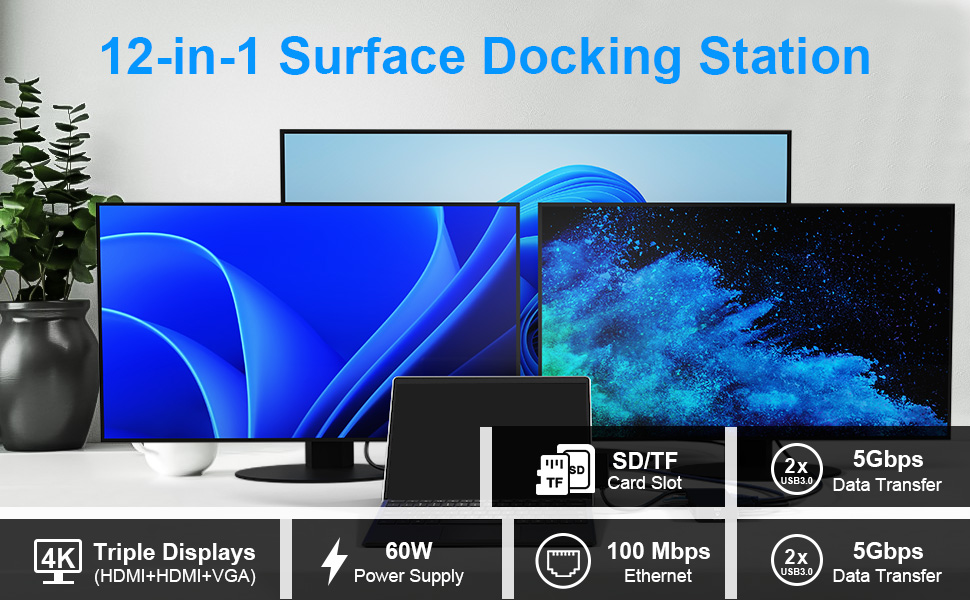 Surface Dock, Surface Pro Docking Station, 12 in 1 Triple Display Microsoft Surface Dock with 2