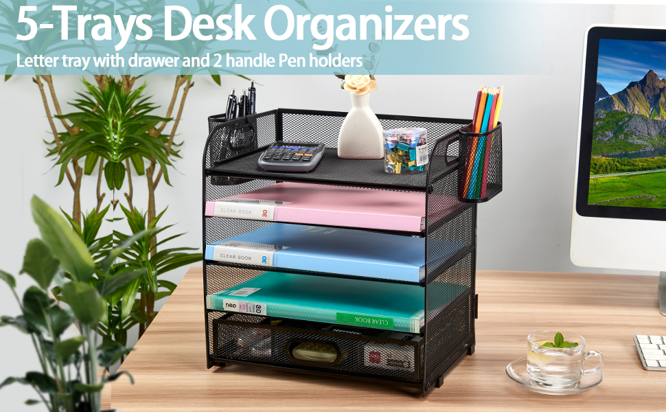 Zikopomi Desk Organizers 5Trays Mesh Desk File Organizer