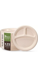 9 inch 125 pack sectional plates plastic free disposable bagasse  in natural brown