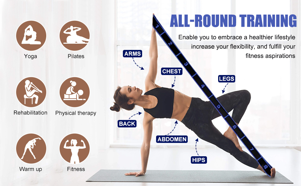 SULIVES Yoga Straps for Stretching, Back Pain & Gymnastics Equipment, Highly Elastic Yoga Stretching Strap with 8 Loops for Stretch Bands, Physical Therapy, Yoga, Dance, Flexibility Training 11 yoga stretching