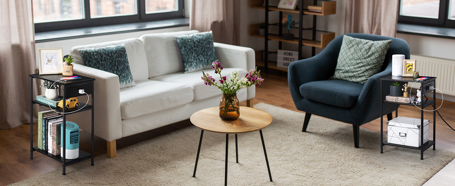 SEHERTIWY Nightstand with Charging Station, Living Room Side Table, 3Tier End