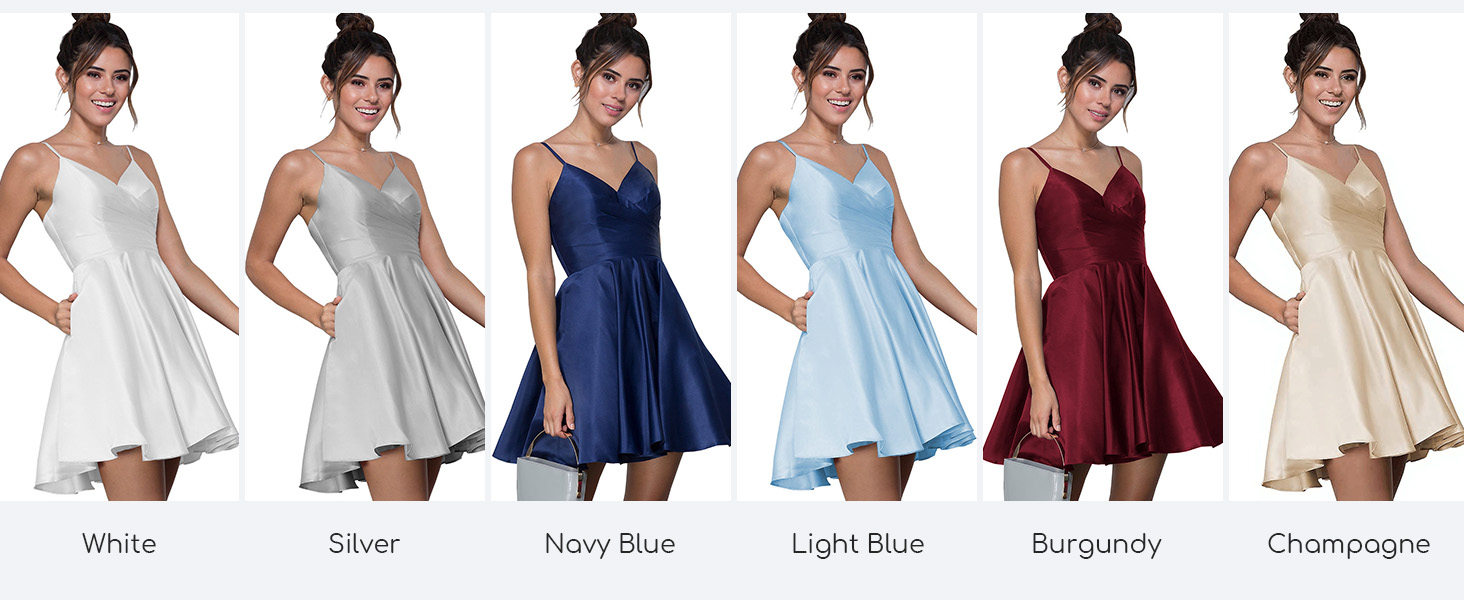 Short Homecoming Dresses for Teens with Pockets Spaghetti Straps V Neck Satin Prom Cocktail Gown