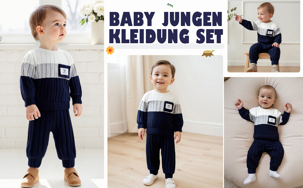 Text reads 'BABY JUNGEN KLEIDUNG SET'. Multiple product photos showing navy blue children's clothing set from different angles on light background.