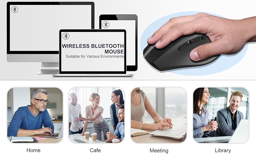 Wireless Bluetooth mouse with hand demonstrating use. Multiple images show device compatibility across various settings like home, cafe, meeting, and library.