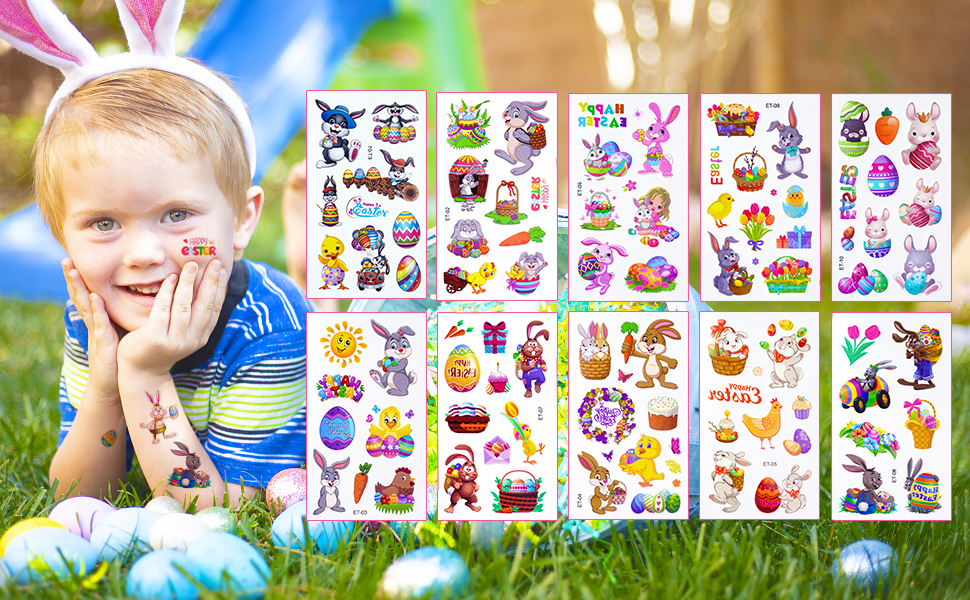 Easter Baskets for Kids, Easter Bunny Canvas Bags with 10Pcs Cute Tattoo Stickers