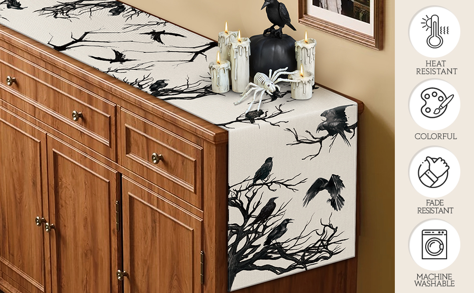 AKTEAM Silhouette Tree Crows Halloween Table Runner