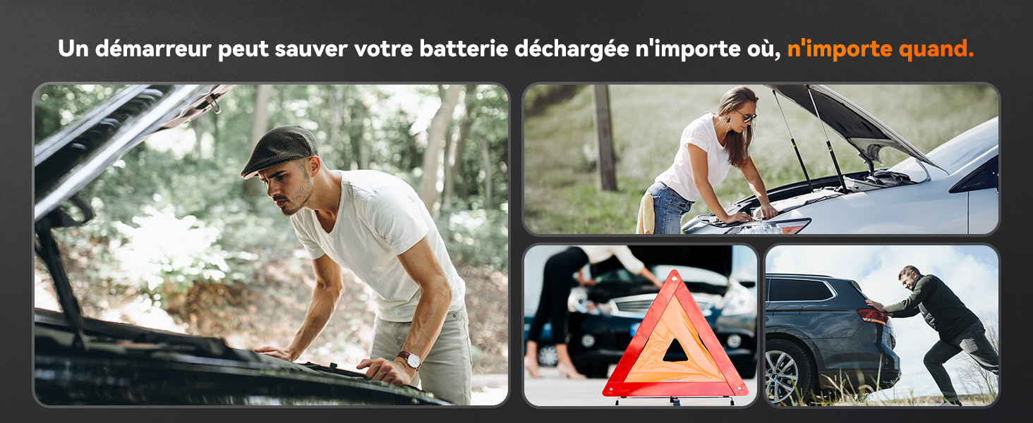 Image composite montrant des problèmes de batterie de voiture : un homme examine le moteur, une voiture qui démarre, un triangle de présignalisation et une personne qui pousse le véhicule. Texte : « Un démarreur peut sauver votre batterie déchargée n'importe où, n'importe quand