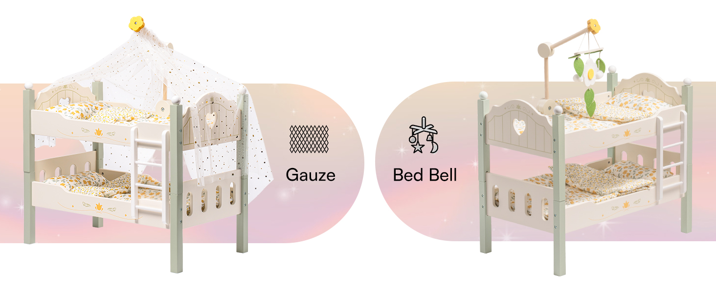 ROBOTIME Baby Doll Bunk Bed, Wooden Doll Crib for 18 Inch