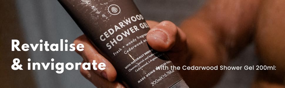 ManCave cedarwood shower gel 200ml in hand, revitalise and invigorate 