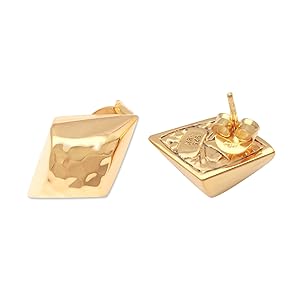 NOVICA Artisan Handmade Gold Plated Sterling   Silver  Button Earrings  Indonesia Modern Geomstone 