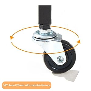 Features 360° Swivel on all wheels and 2 lockable wheels