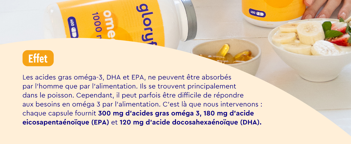 Panneau d'information sur le produit en français décrivant les suppléments d'oméga-3, montrant un emballage jaune et des informations sur le contenu nutritionnel de l'EPA et du DHA