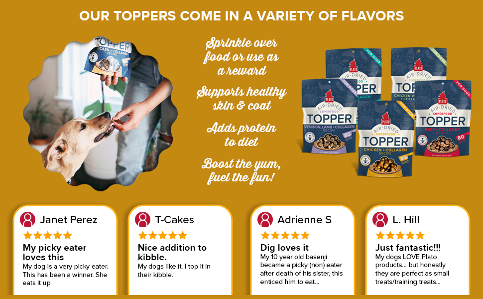 Plato pet treats dog food topper - air-dried with collagen to super skin and coat health