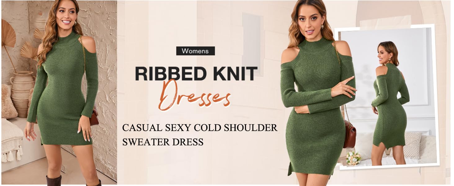 Elegant Sweater Dress for Women Cold Shoulder Knit Long Sleeve Pullover Sweater Dresses with Split