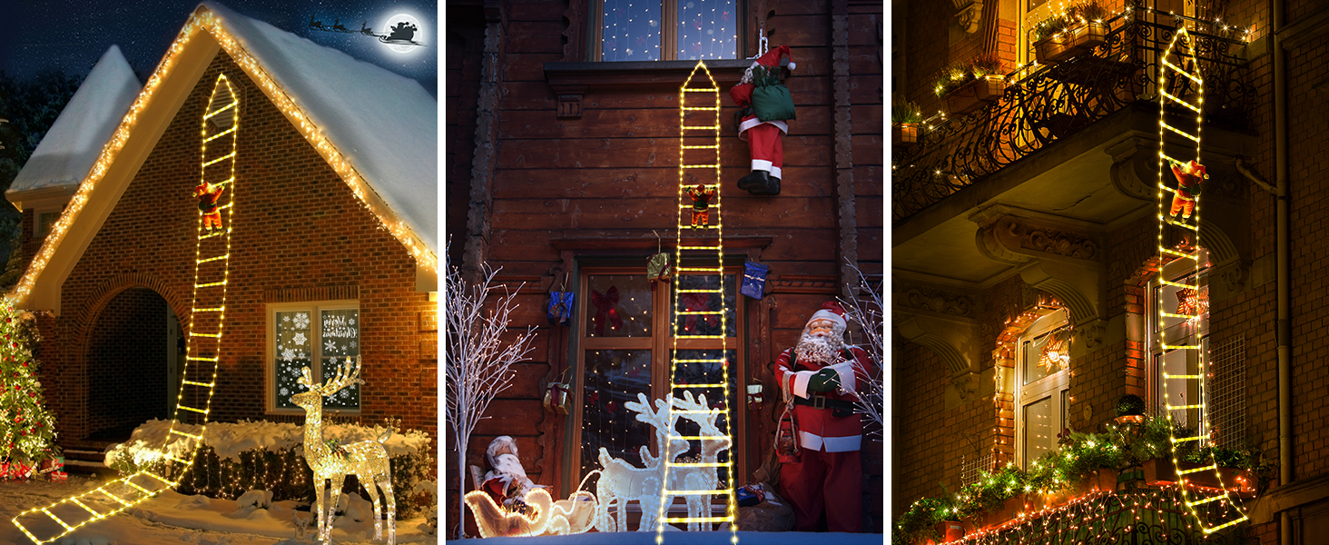 Three photos of illuminated Christmas ladder decorations against houses, featuring LED lights arranged in ladder formation with holiday ornaments.