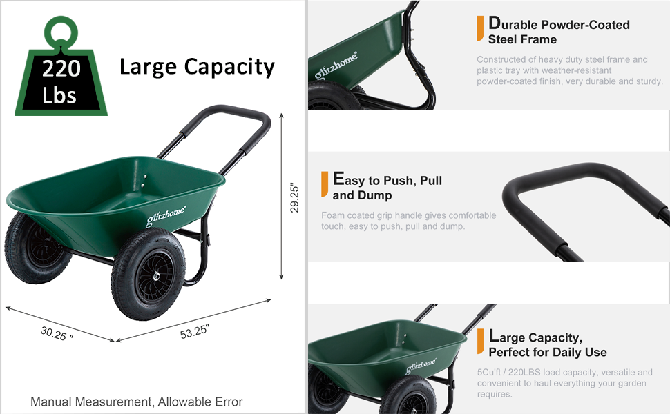 Glitzhome 220 LBS Wheel Barrow Heavy Duty 2 Wheel Lawn