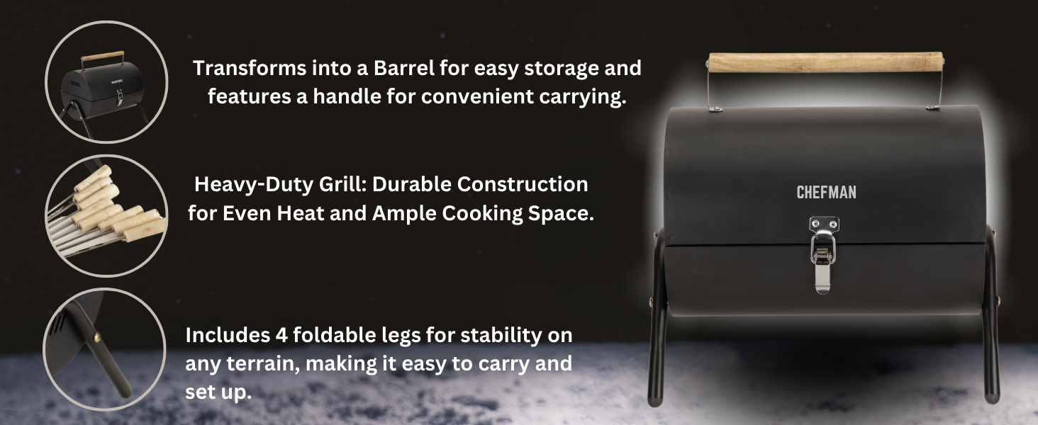Chefman barrel Barbeque  features