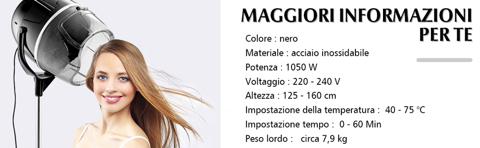 RELAX4LIFE Casco Asciugacapelli Professionale 1050 W, Temperatura 40/75 ºC Per Asciugatura E Styling, Timer Fino A 60 Min, Altezza Regolabile 125/160 Cm, Per Casa E Dal Parrucchiere, Nero 17 05